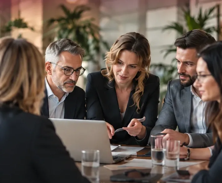 Vier Personen besprechen im Meeting gemeinsam Inhalte auf einem Laptop